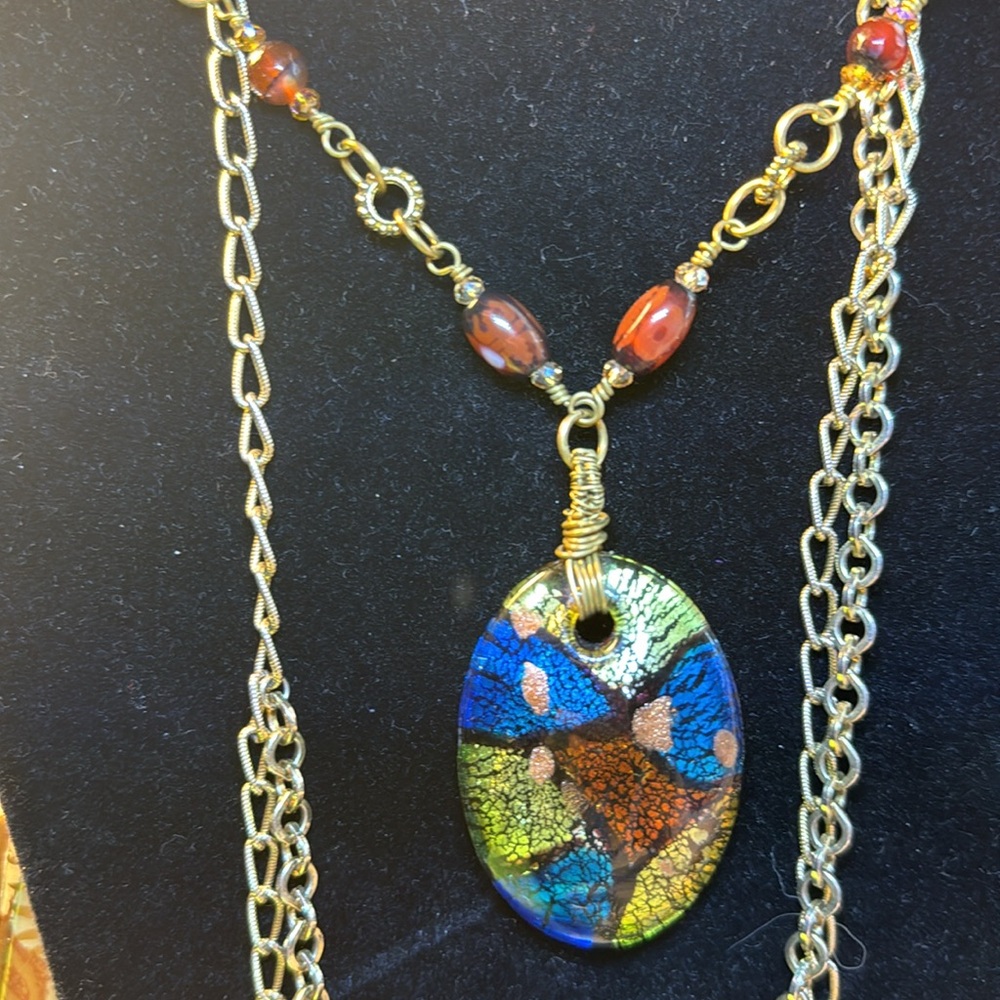 Hand Wrapped Artisan Fused Glass / Dichroic Glass Pendant Necklace.